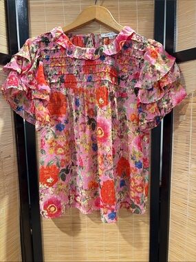 Rose & Olive Pink Floral Ruffle Sleeve Top